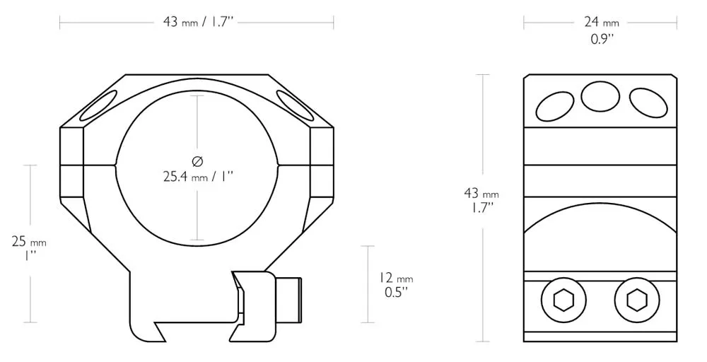 HAWKE Tactical Zielfernrohrmontage für 9-11 mm Prismenschiene 25,4 mm Mittelrohr - Mittelhoch 24 101 Abmessungen