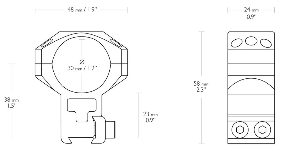 HAWKE Tactical Zielfernrohrmontage für 9-11 mm Prismenschiene 30 mm Mittelrohr - 24 108 Abmessungen