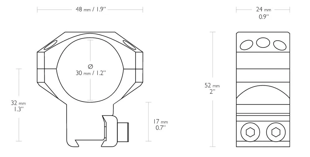 HAWKE Tactical Zielfernrohrmontage für 9-11 mm Prismenschiene 30 mm Mittelrohr - Hohe Version 24107 Abmessungen