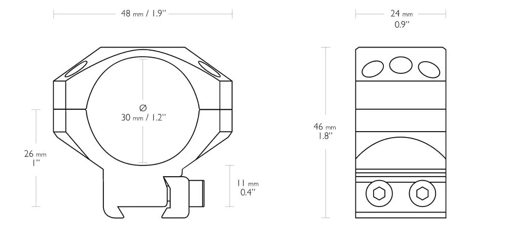 HAWKE Tactical Zielfernrohrmontage für 9-11 mm Prismenschiene 30 mm Mittelrohr - Mittelhoch 24 106 Abmessungen