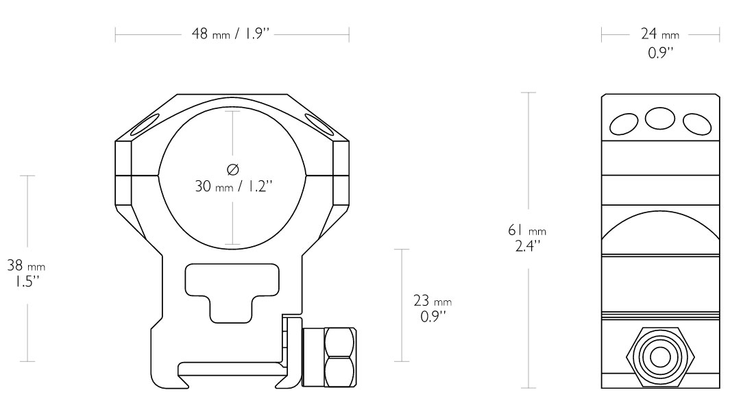 HAWKE Tactical Zielfernrohrmontage für Weaver / Picatinnyschiene 30mm Mittelrohr - extra Hoch 24 118 Abmessungen