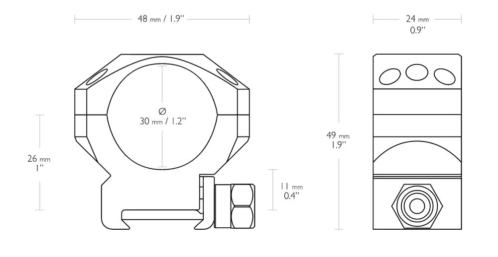HAWKE Tactical Zielfernrohrmontage für Weaver / Picatinnyschiene 30mm Mittelrohr - Medium 24 116 Abmessungen