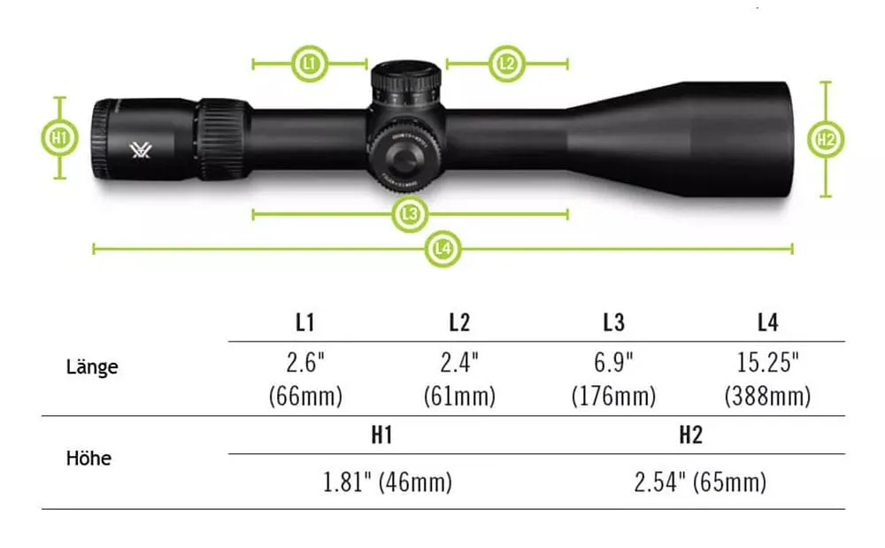 Zielfernrohr VORTEX VENOM 5-25x56 FFP EBR-7C MOA tactical Abmessungen