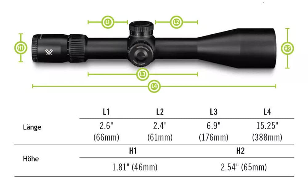 Zielfernrohr VORTEX VENOM 5-25x56 FFP EBR-7C MRAD tactical Abmessungen