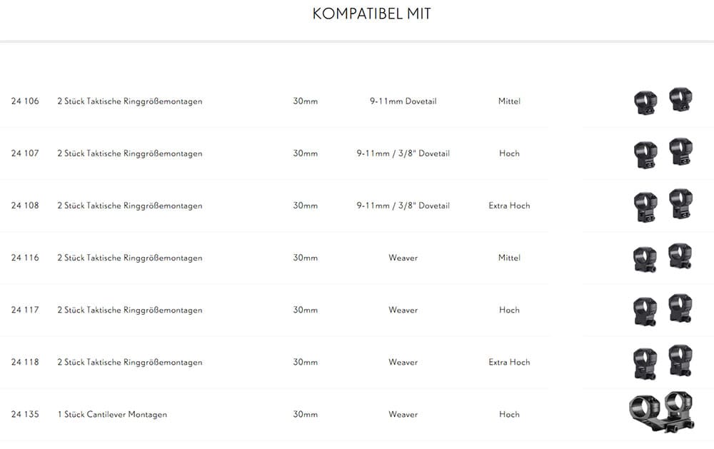 Kompatible Montagen für HAWKE 2-teilige Picatinny Ringaufsätze für die tactical Montagen mit 30mm Tubus - 22154