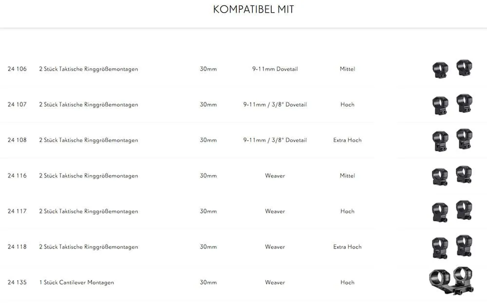 Kompatible Montagen für HAWKE 2-teilige Picatinny Ringaufsätze für die tactical Montagen mit 30mm Tubus - 22154