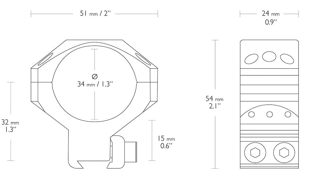 HAWKE Tactical Zielfernrohrmontage für 9-11 mm Prismenschiene 34 mm Mittelrohr - Mittelhoch 24 109 Abmessungen