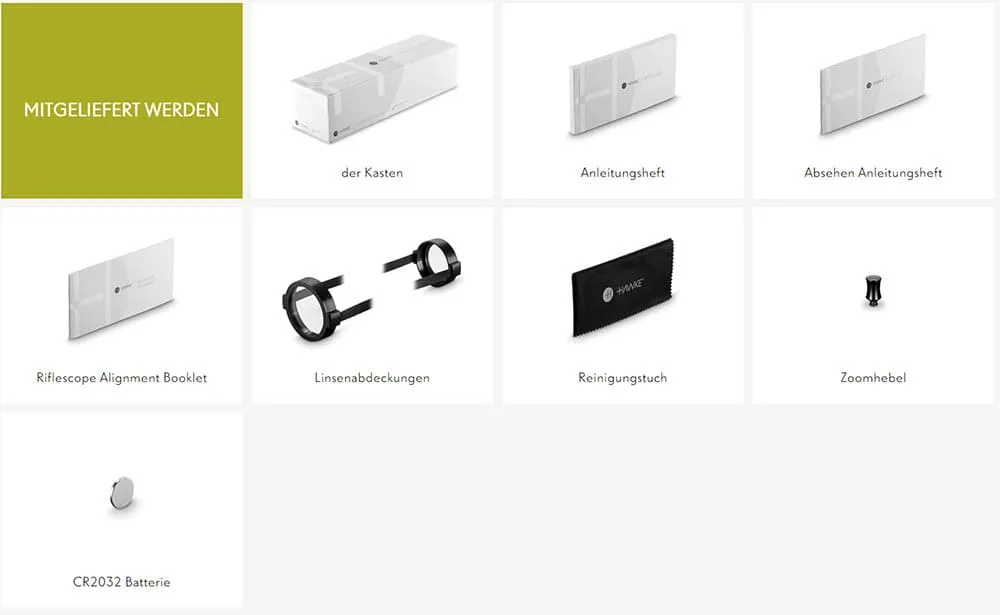 Hawke Zielfernrohr VANTAGE 30 WA FD IR 1-4×24 L4A FIBER DOT Leuchtabsehen - 1/2 MOA Lieferumfang
