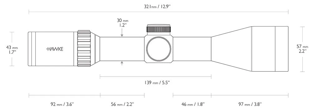 Hawke Zielfernrohr Vantage 30 WA FD IR 2,5-10x50 l4a fiber dot leuchtabsehen 14530 abmessungen