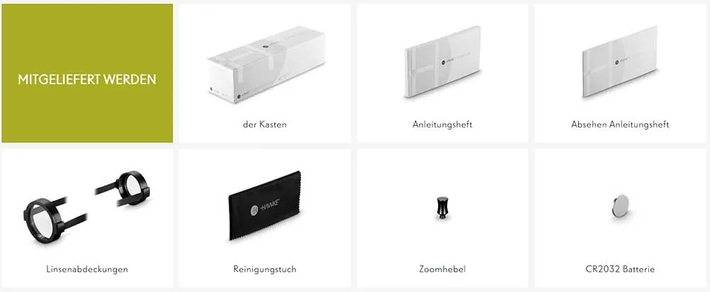Hawke Zielfernrohr VANTAGE 30 WA FD IR 2,5-10×50 L4A FIBER DOT Leuchtabsehen - 1/4 MOA Lieferumfang