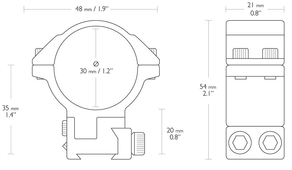 HAWKE 2-teilige Zielfernrohrmontage für 9-11 mm Prismenschiene 30 mm Mittelrohr und 30 MOA Vorneigung - Abmessungen 22140