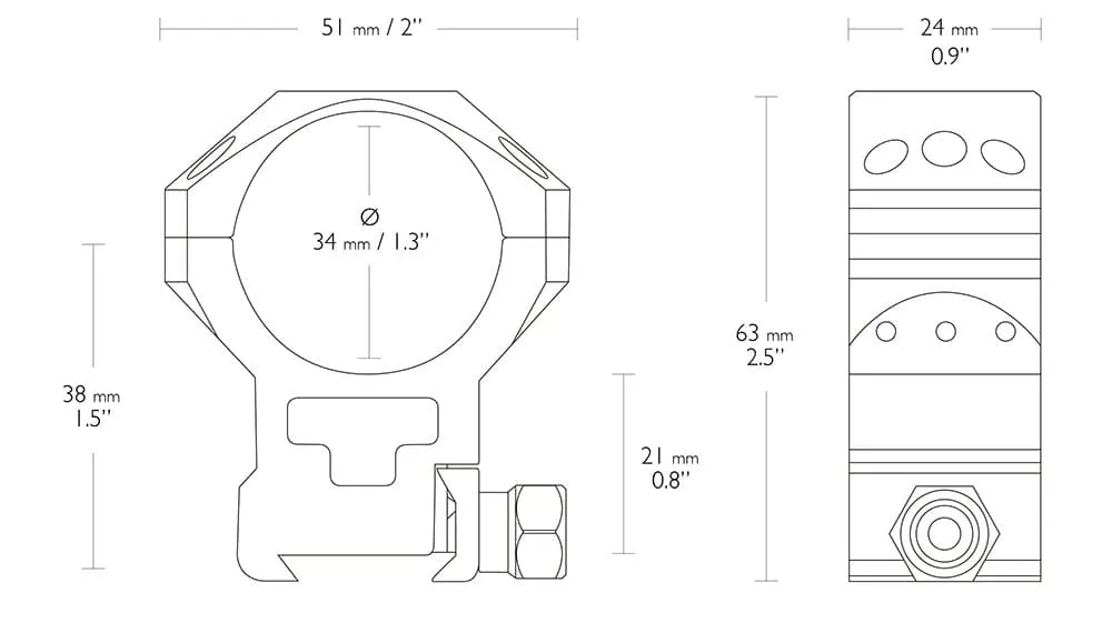 HAWKE Tactical Zielfernrohrmontage für Weaver / Picatinnyschiene 34 mm Mittelrohr - Bauhöhe Hoch 24 120 Abmessungen