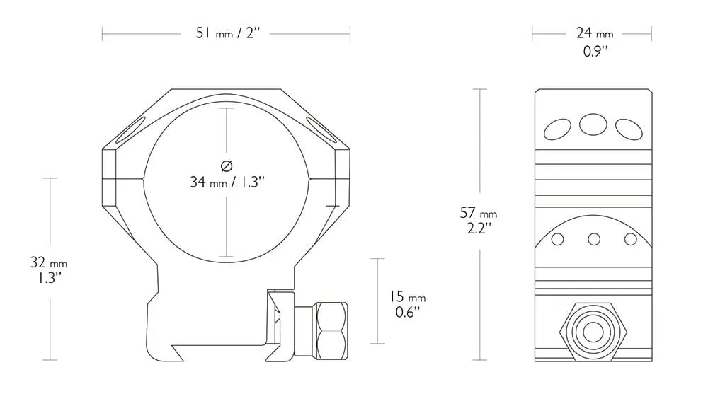 HAWKE Tactical Zielfernrohrmontage für Weaver / Picatinnyschiene 34 mm Mittelrohr - Medium 24 119 Abmessungen