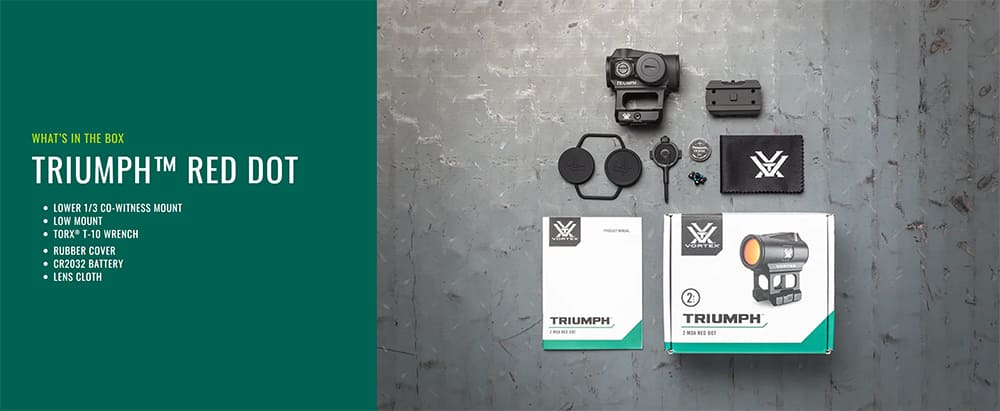 Lieferumfang VORTEX TRIUMPH Rotpunktvisier 2 MOA Red Dot mit Picatinny Multi-Height und Low Mount System