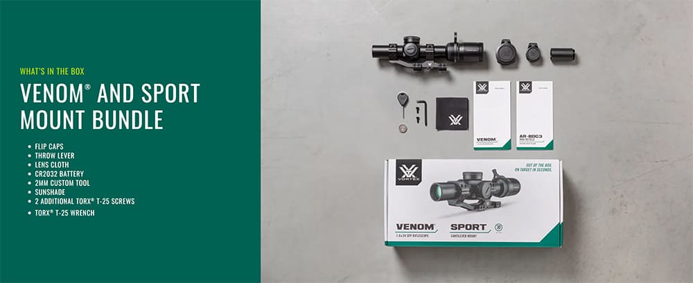 Lieferumfang Zielfernrohr Vortex Venom 1-6x24 SFP AR-BDC3 Leuchtabsehen Sport Cantilever Bundle BNDL-VEN1601-SCM