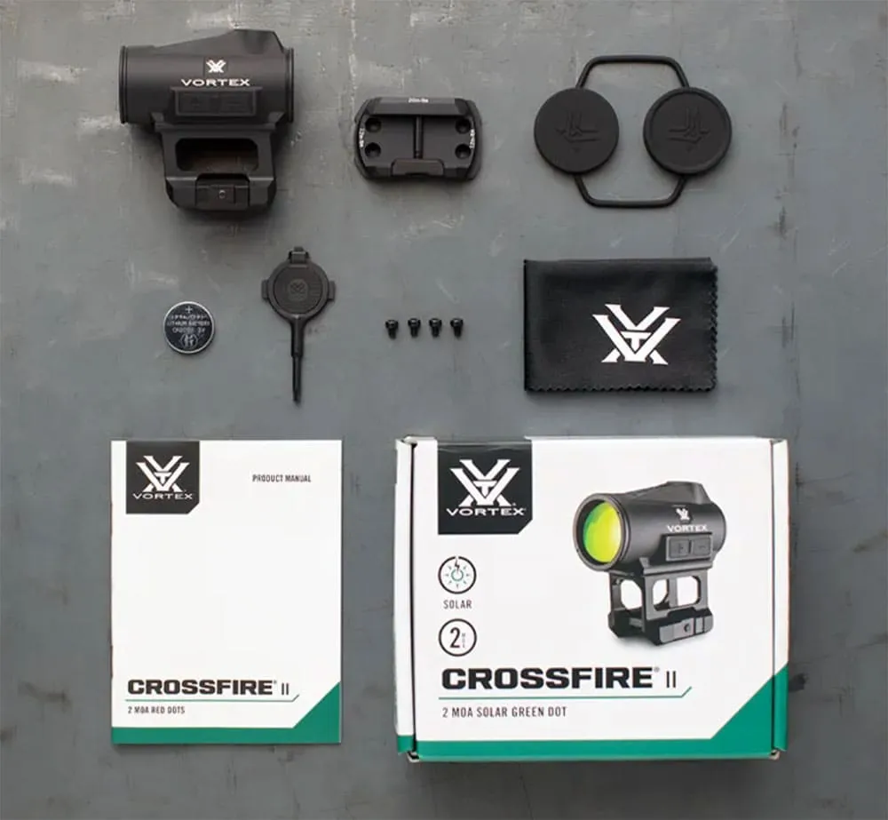 CF2-GD2-SLR Lieferumfang VORTEX CROSSFIRE II Solar Auto-D.TEC Leuchtpunktvisier 2 MOA Green Dot