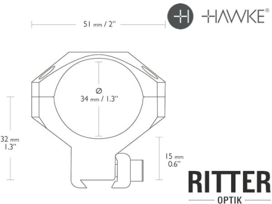 Preview: HAWKE Tactical Aufschubmontage für 9-11 mm Prismenschiene 34 mm Mittelrohr - Mittelhoch 24 109 Abmessungen