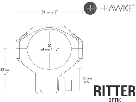 HAWKE Tactical Aufschubmontage für 9-11 mm Prismenschiene 34 mm Mittelrohr - Mittelhoch 24 109 Abmessungen