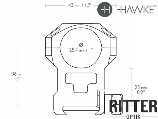 HAWKE Tactical Zielfernrohrmontage für Weaver / Picatinnyschiene 25,4 mm Mittelrohr - extra Hoch 24 113 Abmessungen