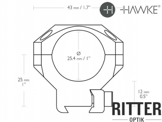 HAWKE Tactical Aufschubmontage für 9-11 mm Prismenschiene 25,4 mm Mittelrohr - Mittelhoch 24 101 Abmessungen