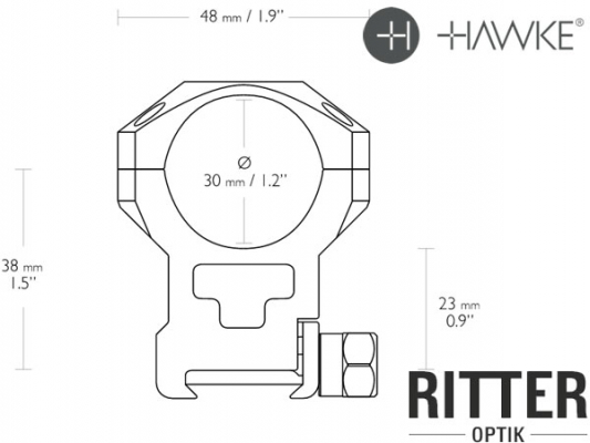 HAWKE Tactical Zielfernrohrmontage für Weaver / Picatinnyschiene 30mm Mittelrohr - extra Hoch 24 118 Abmessungen