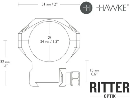 HAWKE Tactical Aufkippmontage für Weaver / Picatinnyschiene 34 mm Mittelrohr - Mittel hoch 24 119 Abmessungen