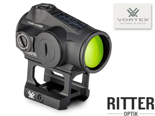 Preview: Leuchtpunktvisier VORTEX CROSSFIRE II Leuchtpunktvisier 2 MOA Grüner Punkt Solar Auto D-TEC mit Multi-Height und Low Mount System für Picatinny-Schiene CF2-GD2-SLR