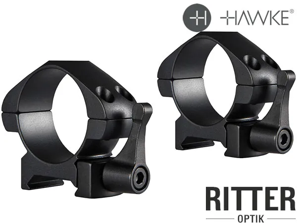 HAWKE Präzisionsringmontagen aus Stahl für Zielfernrohre mit 30mm Mittelrohr für Weaver- und Picatinnyschienen (niedrige Version 23 015)