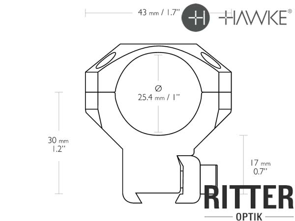 HAWKE Tactical Aufschubmontage für 9-11 mm Prismenschiene 25,4 mm Mittelrohr - Hoch Abmessungen 24102
