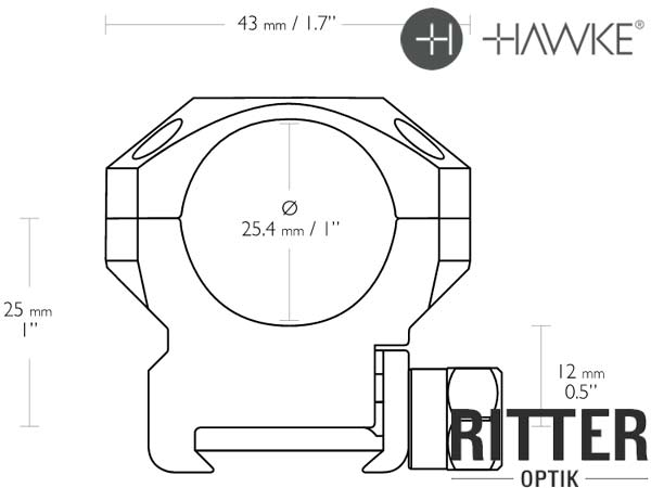 HAWKE taktische Montageringe für Weaver / Picatinnyschiene 25,4 mm Mittelrohr - Medium 24111 Abmessungen