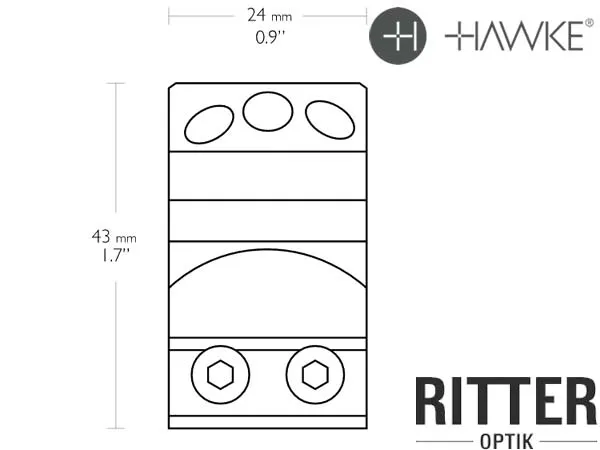 HAWKE Tactical Aufschubmontage für 9-11 mm Prismenschiene 25,4 mm Mittelrohr - Mittelhoch 24 101 Abmessungen seite
