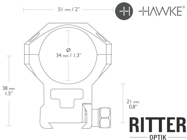 HAWKE Tactical Aufkippmontage für Weaver / Picatinnyschiene 34 mm Mittelrohr - hoch 24 120 Abmessungen