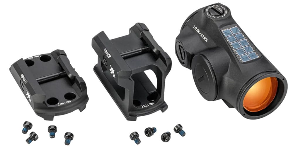 CROSSFIRE II Rotpunktvisier 2 MOA Solar Auto D-Tec Red Dot Abbildung des Multi-Height und Low Mount System