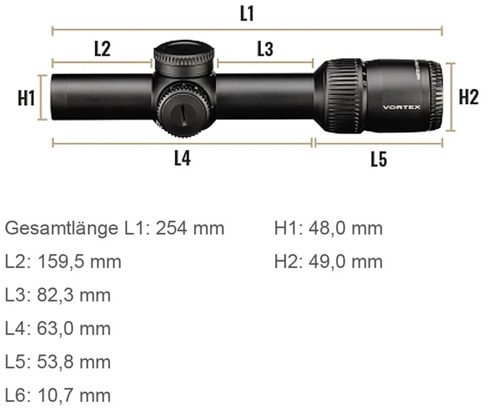 Vortex Strike Eagle Zielfernrohr 1-10x24 FFP EBR-8 MOA Abmessungen