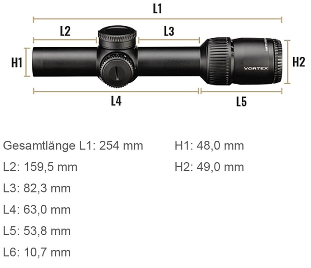 Vortex Strike Eagle Zielfernrohr 1-10x24 FFP EBR-8 MRAD Abmessungen