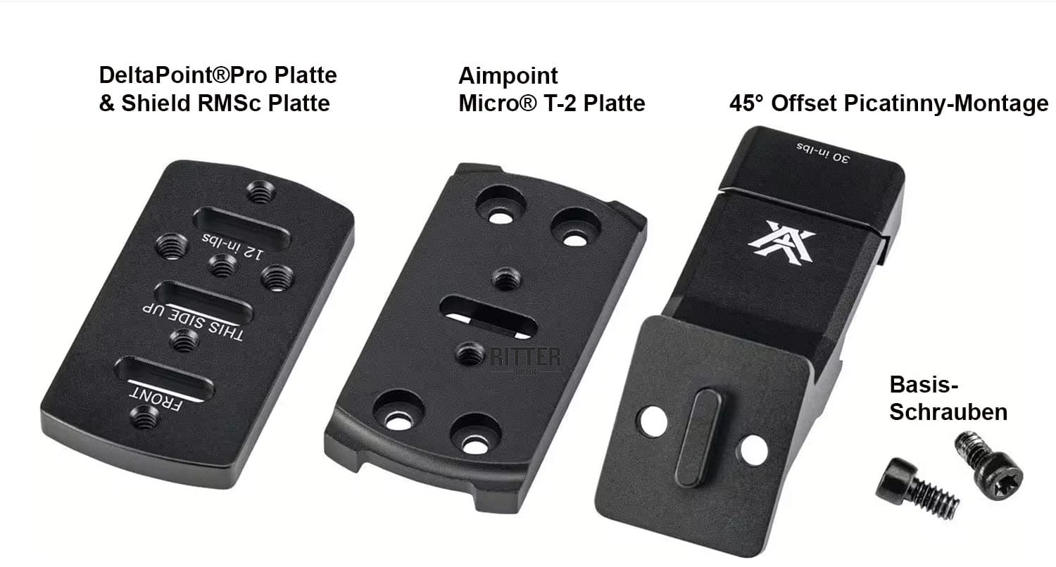 Vortex Pro 45° Offset Picatinny Mount mit Adapterplatten für Aimpoint Micro® T-2 Plate und Leupold DeltaPoint® Pro Shield (RMSc) Platte