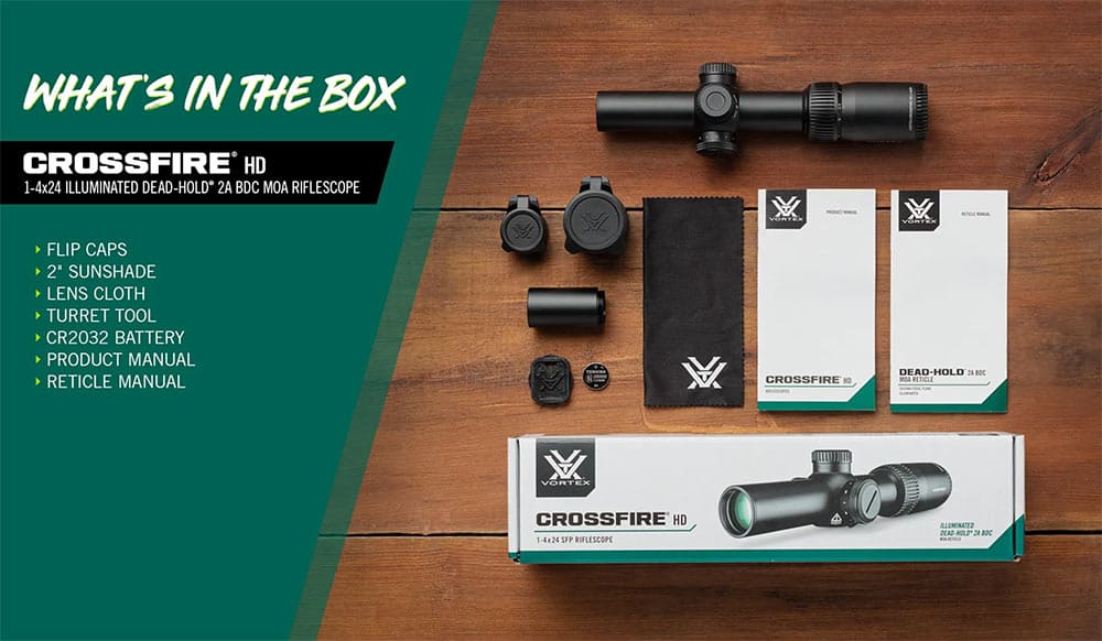 Lieferumfang Vortex Crossfire HD 1-4x24 mit Dead-Hold® 2A BDC 2 MOA Leuchtabsehen