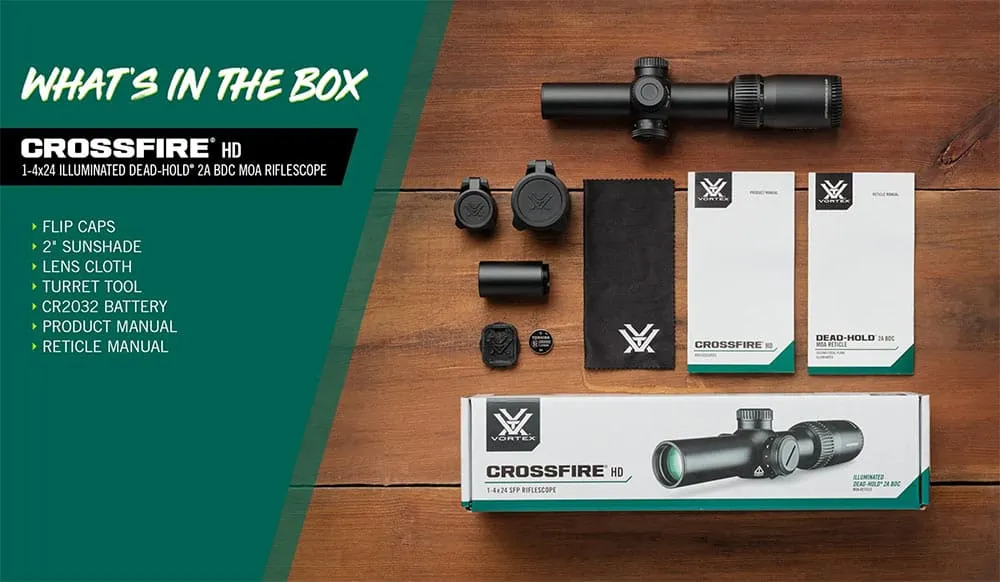 Lieferumfang Vortex Crossfire HD 1-4x24 mit Dead-Hold® 2A BDC 2 MOA Leuchtabsehen