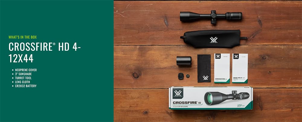 CFR-41201i Lieferumfang Vortex Crossfire HD 4-12x44 mit Dead-Hold® 2A BDC MOA Leuchtabsehen