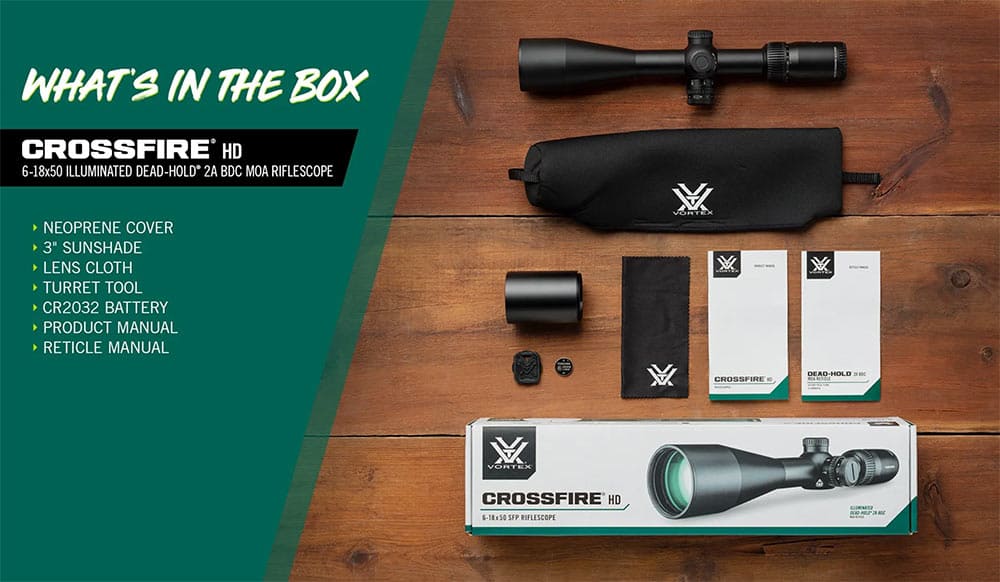CFR-61801i Lieferumfang Vortex Crossfire HD 6-18x50 mit Dead-Hold® 2A BDC MOA Leuchtabsehen