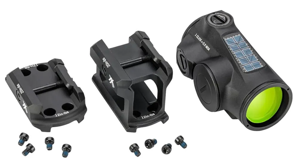 CROSSFIRE II Leuchtpunktvisier 2 MOA Solar Auto D-Tec Green Dot Abbildung des Multi-Height und Low Mount System