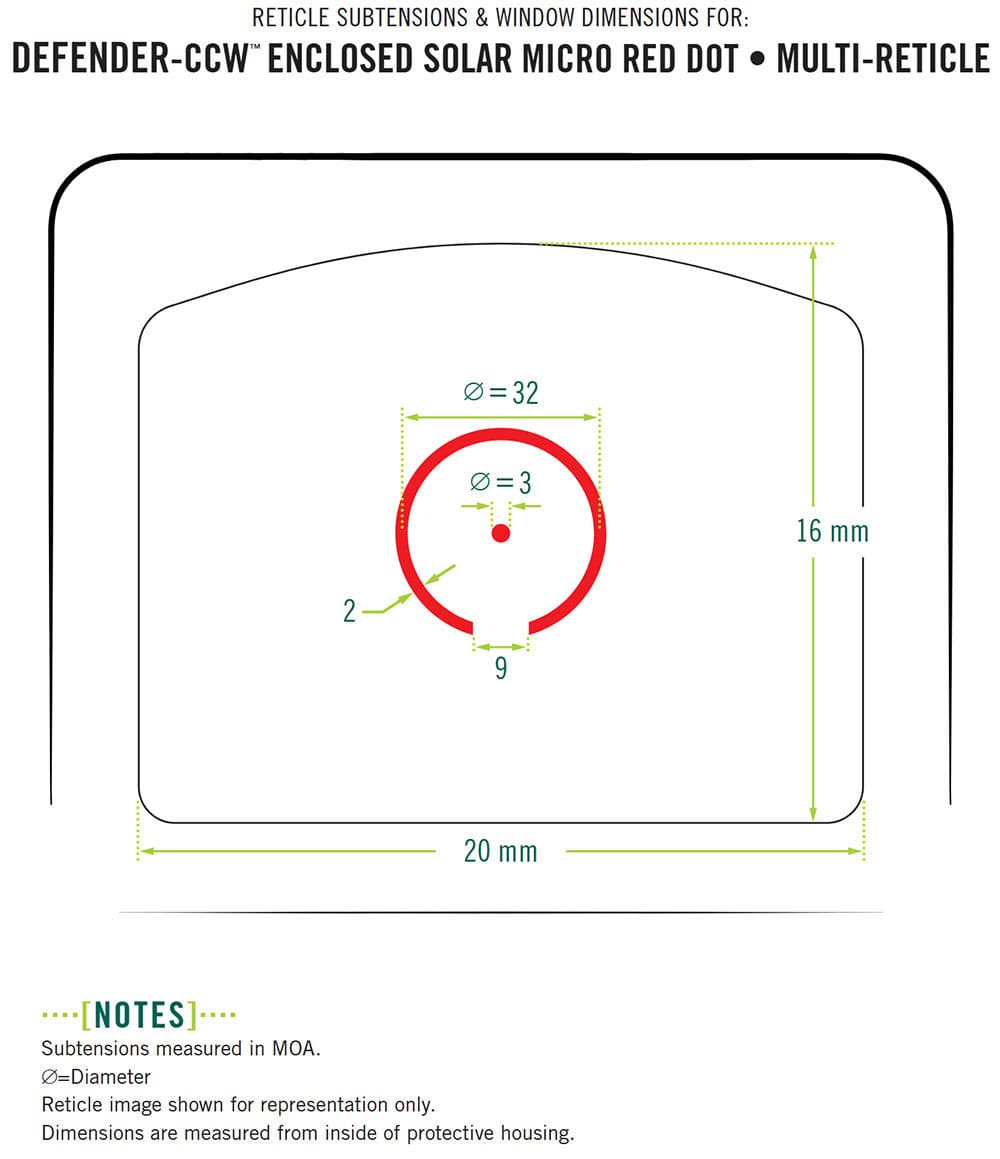 Absehen Datenblatt VORTEX Defender CCW™ Enclosed Solar Micro Red Dot mit Multi-Reticle-System