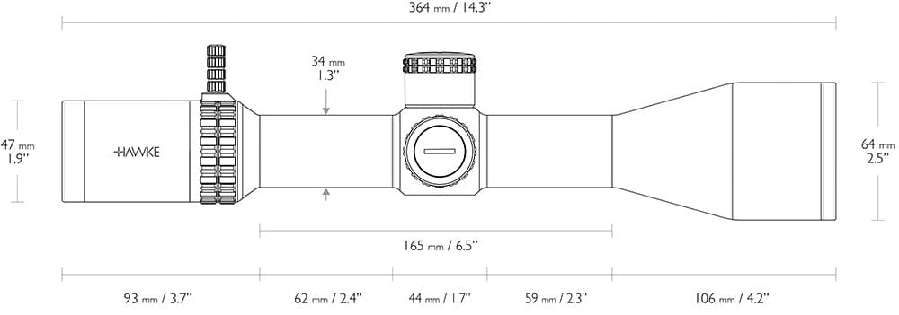 Hawke Zielfernrohr VANTAGE HD 34 FFP 5-25×56 SF Mil Pro II (25x) Leuchtabsehen - 1/10 MRAD Abmessungen